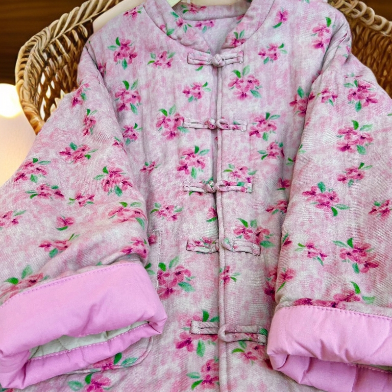 364【粉色桃花】棉服常规秋冬汉元素中国风宽松型印花新中式厚棉袄