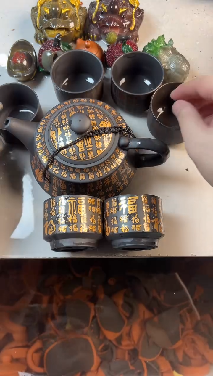 500毫升烫金玉腰百福壶+6百福杯+壶绳