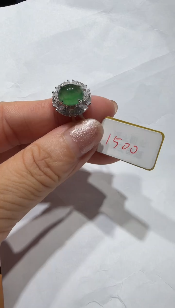 银S925镶嵌戒指翡翠925银镶缅甸A货翡翠戒指