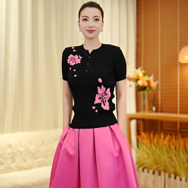 夏季新款提花显瘦新品毛织上衣短袖气质优雅百搭