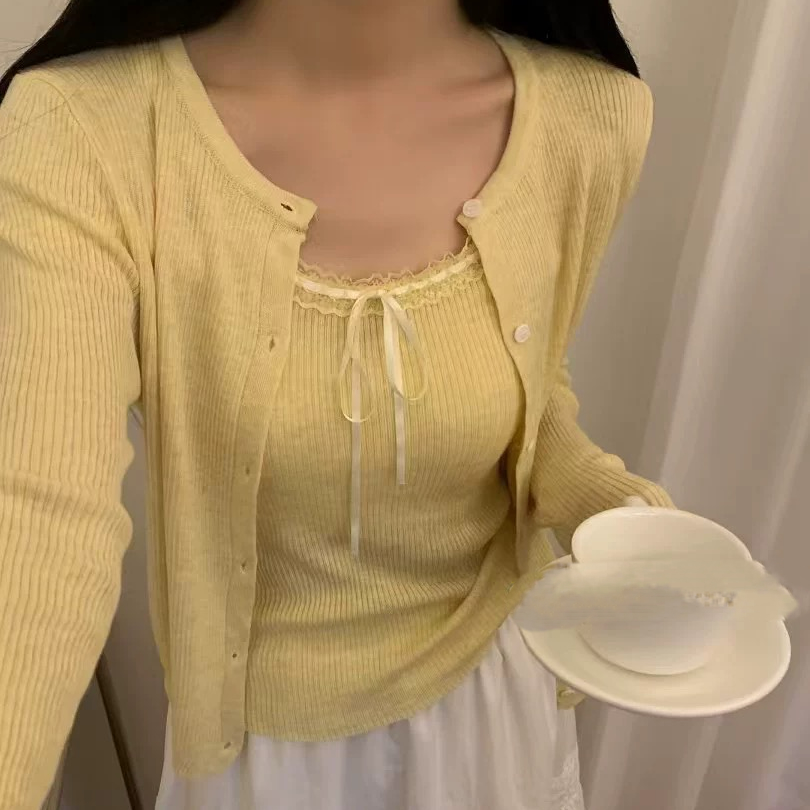 [DARUI]新款蕾丝拼接吊带针织开衫上衣女韩版甜美两件套1219