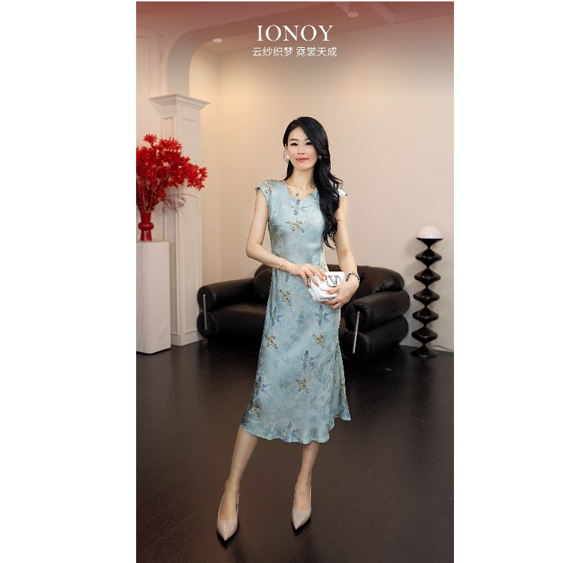 IONOY【红云纱】G392连衣裙夏季显瘦气质修身印花禁机洗时尚复古ZC