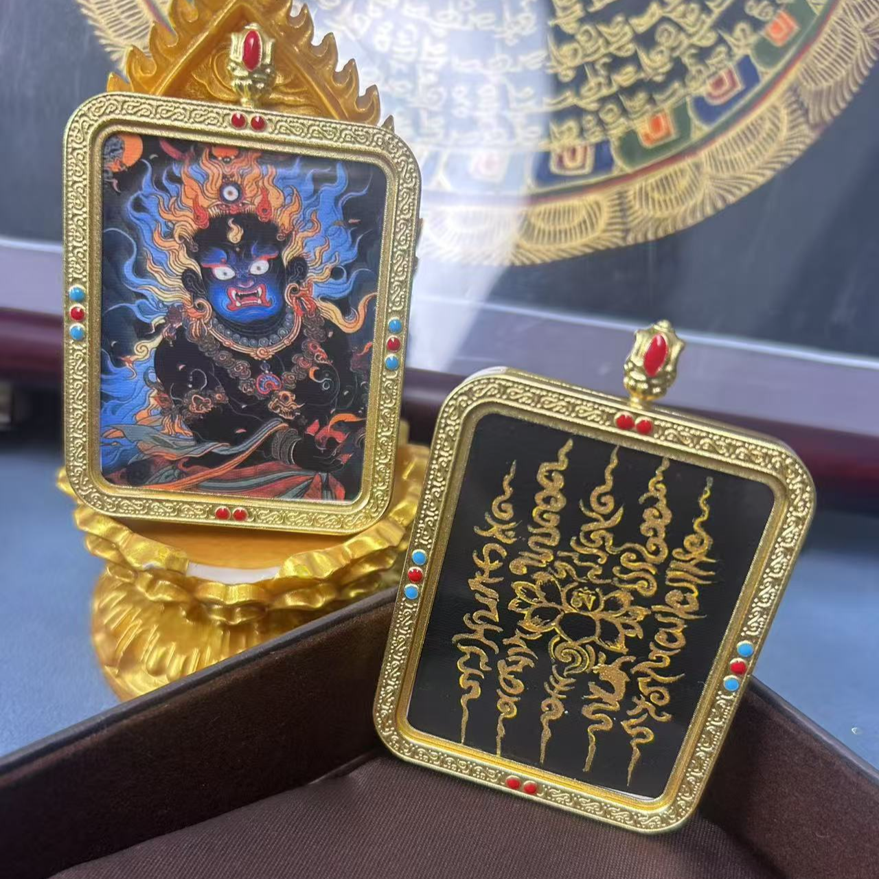 唐卡真品西藏纯手工描金黑财神唐卡莲花五条经文双面唐卡偏财横财