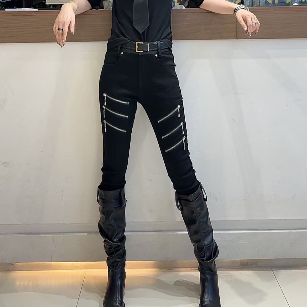 迷巧时髦显瘦厚款多链弹性铅笔裤