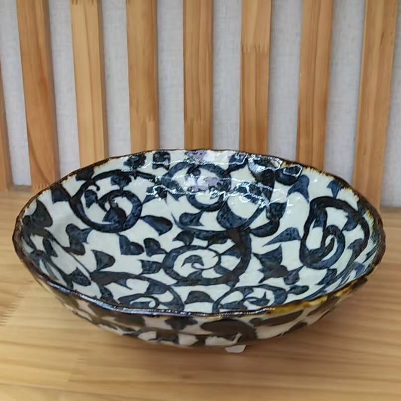 【单支】日本进口Bloom手绘唐草带足圆形大钵24.5cm