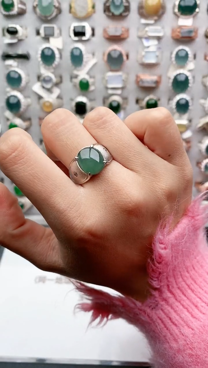 【闪购商品】翡翠戒指银S925镶嵌天然翡翠时尚男戒