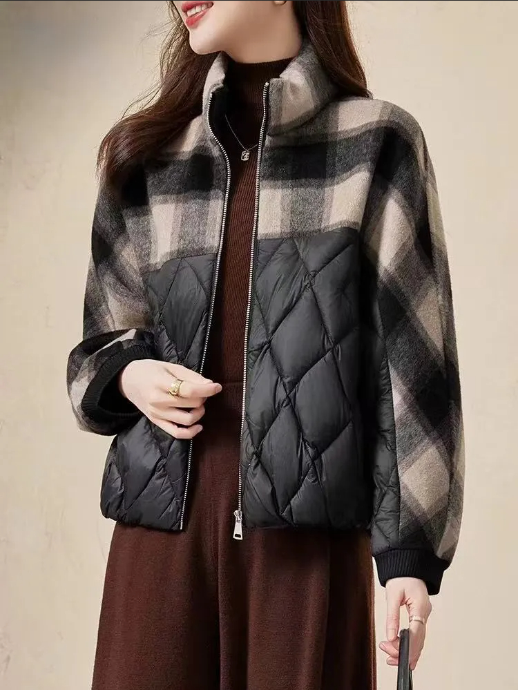 2509#保暖拼接菱形格宽松型格纹女秋冬常规立领羽绒外套