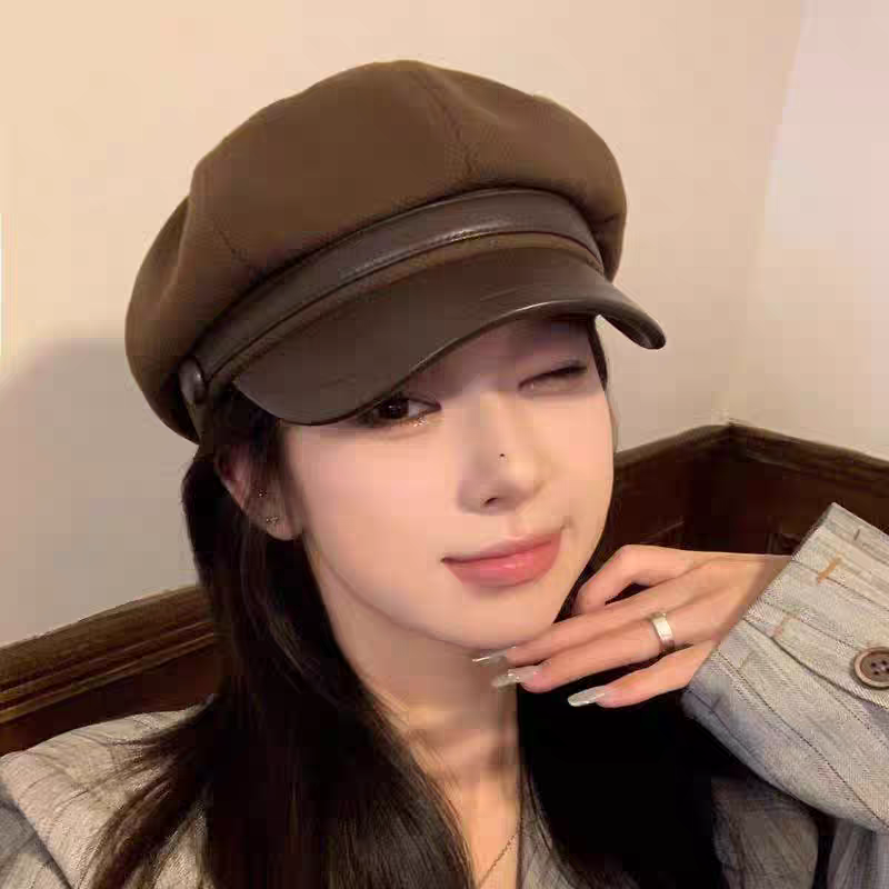 文艺风复古皮质帽带八角帽 12526