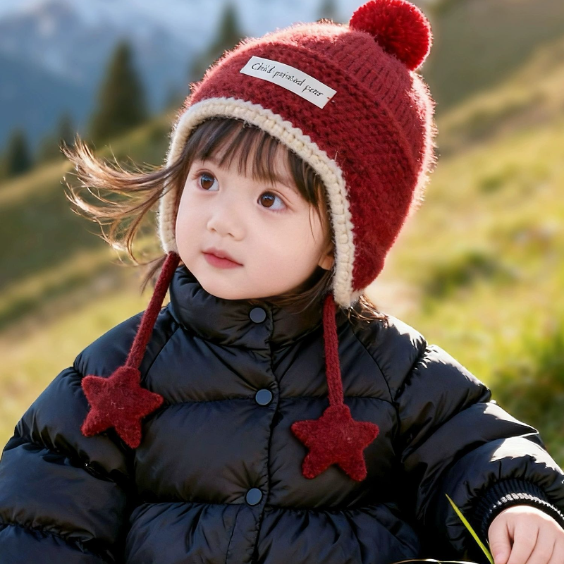 宝宝帽子冬天红色新年帽加厚保暖儿童针织护耳帽婴幼儿套头毛线帽