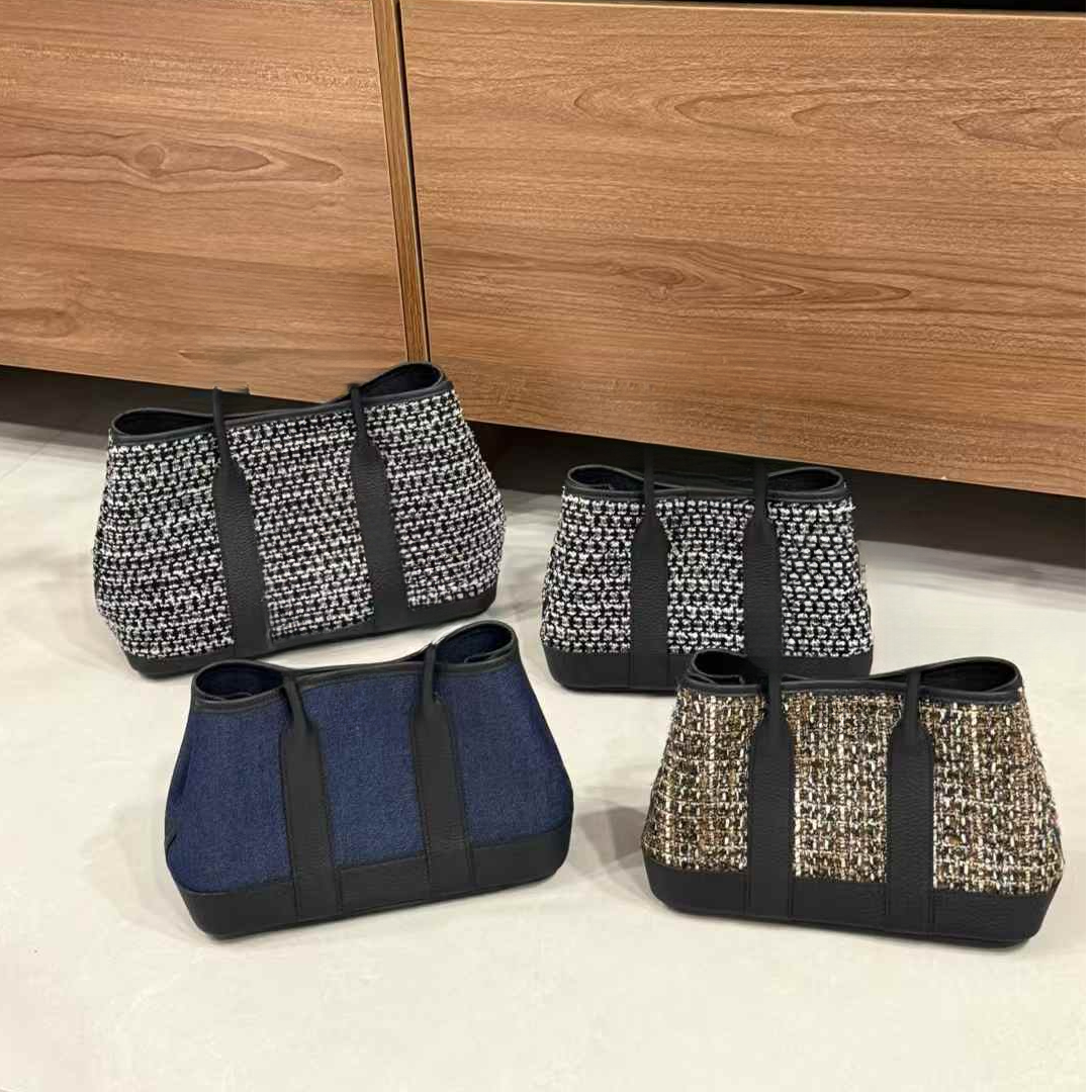 新款【HY-毛呢拼牛皮】简约便携通勤托特手提毛呢配真皮女包