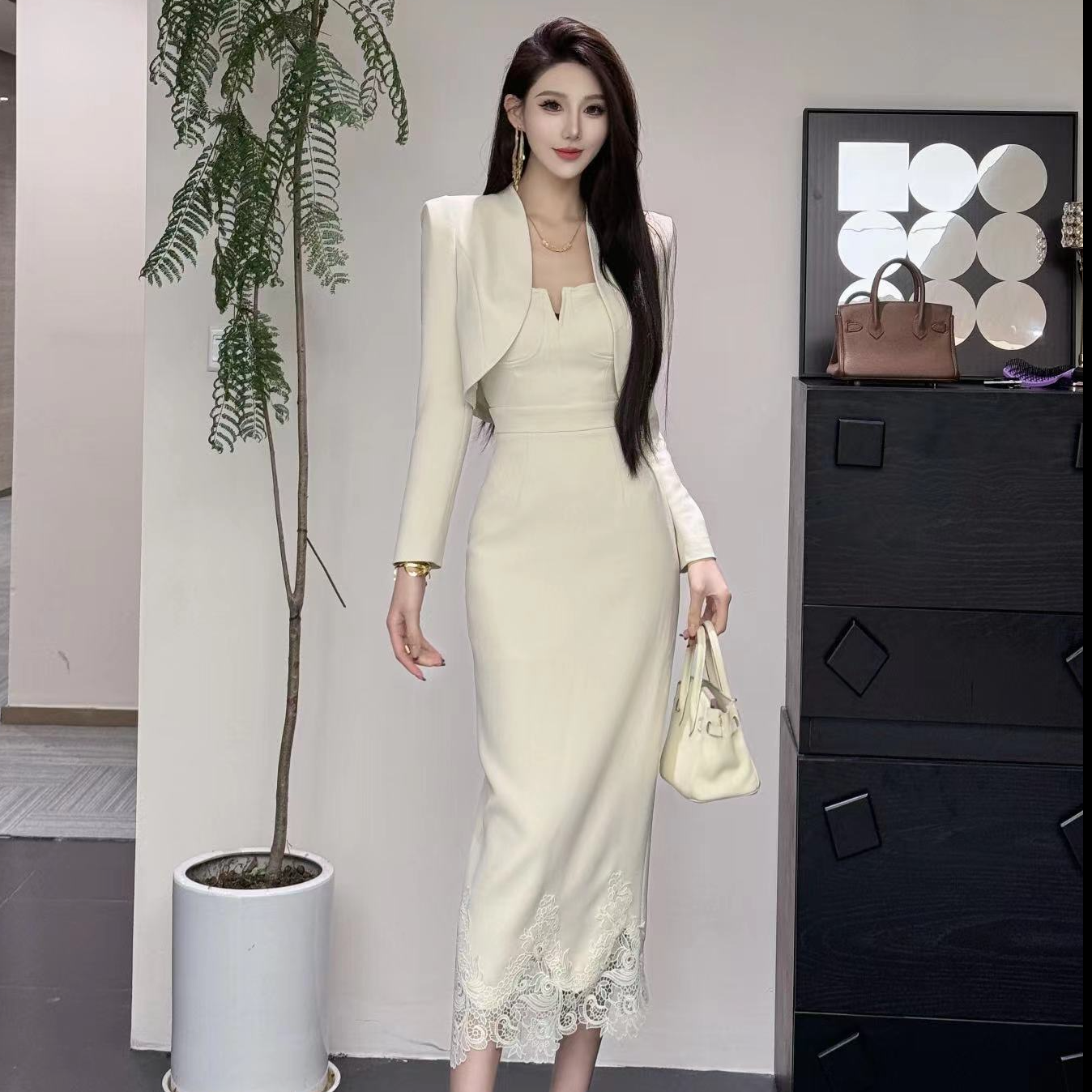 长裙连衣裙长款轻熟法式包臀开叉白色时尚套装气质24610