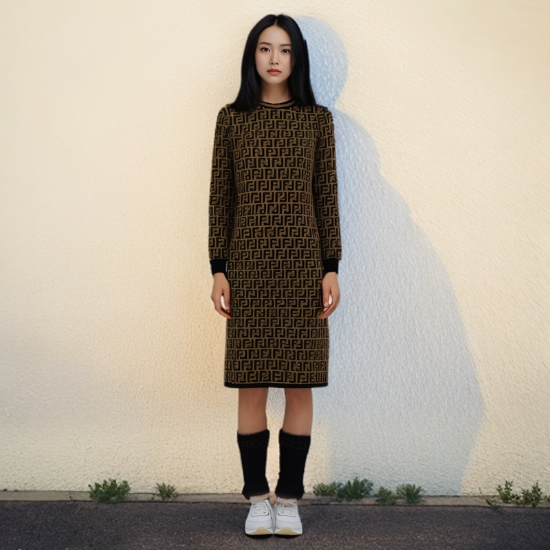 99新 FENDI/芬迪 长裙/双F满印长袖长款针织长裙/40码/0001441