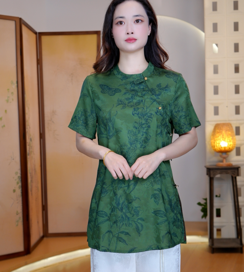 碧绿牡丹中长款新中式奥黛夏季短袖小衫-13