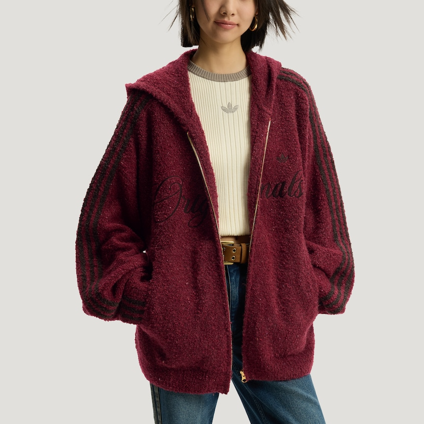 阿迪达斯/adidas三叶草男女款新年款针织绒面运动连帽外套 KT0718