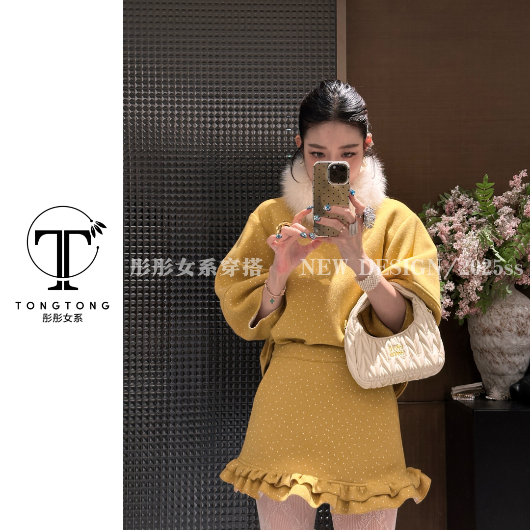 TongTong女系 通勤风粗花呢气质时尚套装冬季秋季双面呢波点