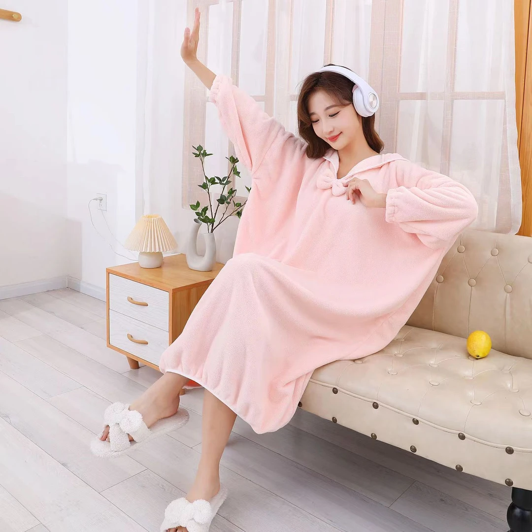 秋冬款连帽浴袍时尚睡袍吸水速浴巾不掉毛可爱浴裙宽松休闲仙女D
