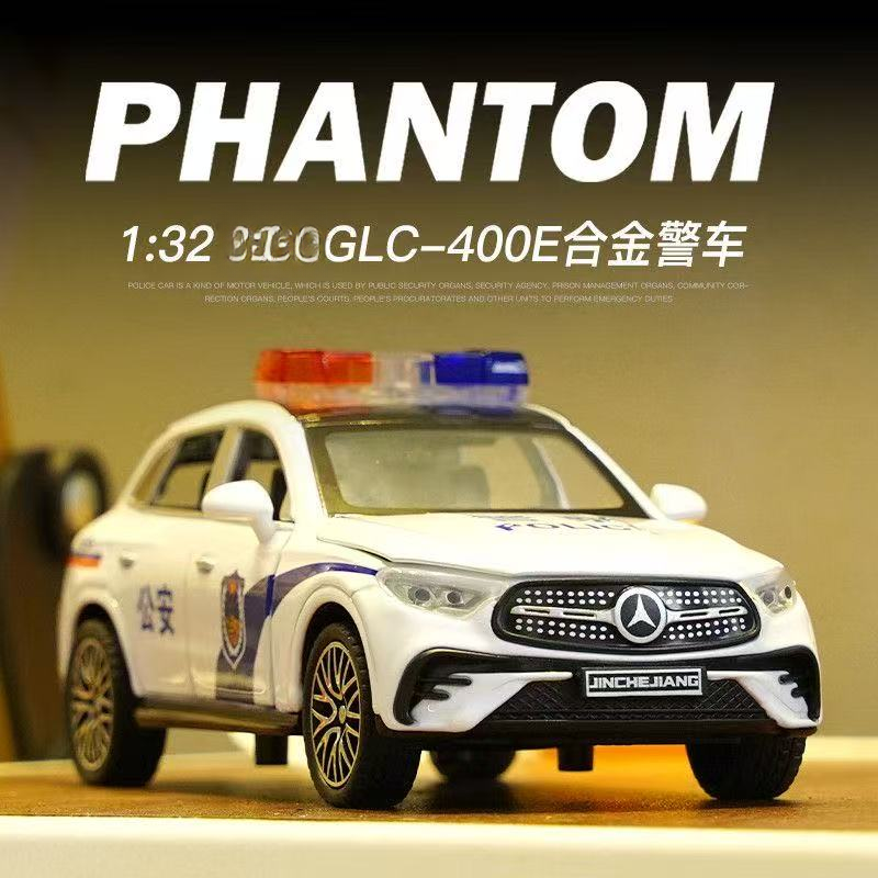 车将-【合金警车】可开门 带灯光音效 送底座 长15.3厘米 回力彩盒