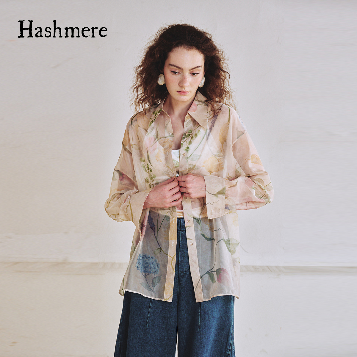 【瑞妮专属】春季原创欧根纱玫瑰印花衬衫轻薄透纱宽松百搭防晒衬衣