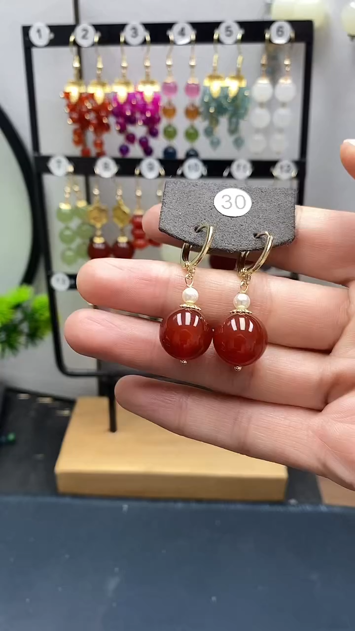 银S925镀金镶嵌南红玛瑙耳饰尺寸14mm