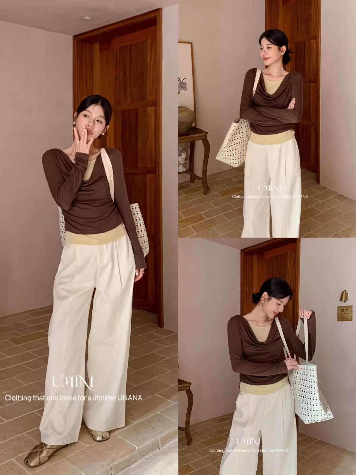 U+MINI 早秋上新莱赛尔天丝假两件拼接荡领修身长袖小衫Q0001