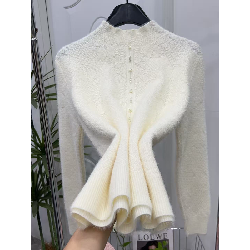 【不起球】貂绒秋冬半高领蕾丝打底保暖时尚气质百搭针织毛衣8833