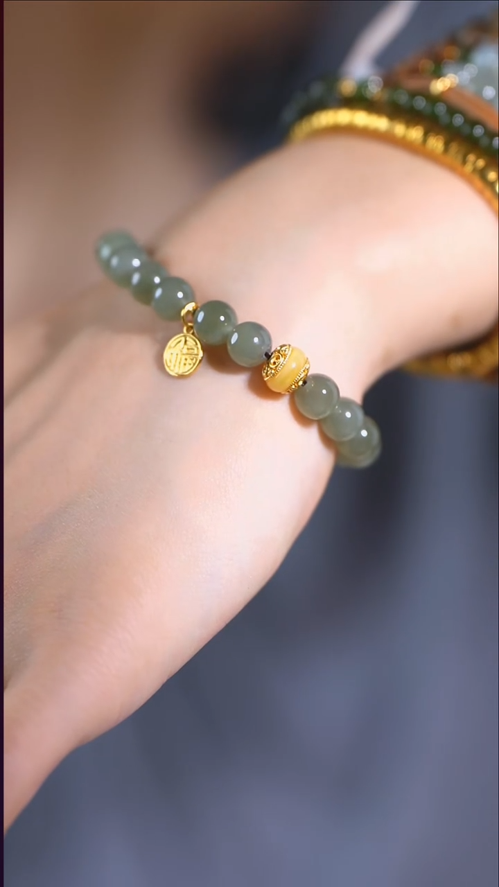 银S925镀金镶嵌手串和田玉和田车轮单圈