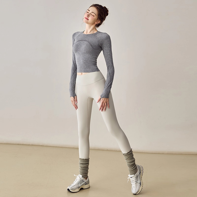 紧身显瘦运动套装女瑜伽服上衣圆领长袖户外普拉提训练健身两件套