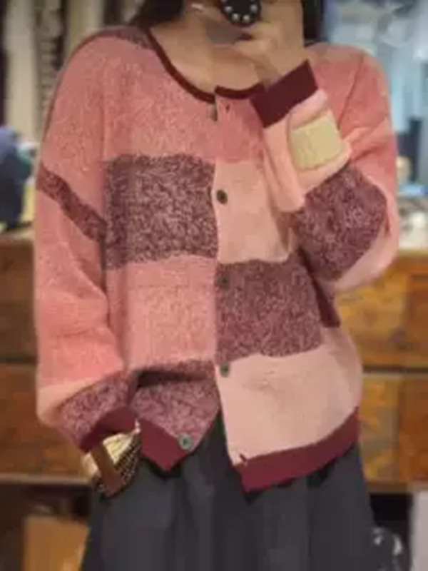 云朵～100%纯山羊绒圆领拼色开衫
