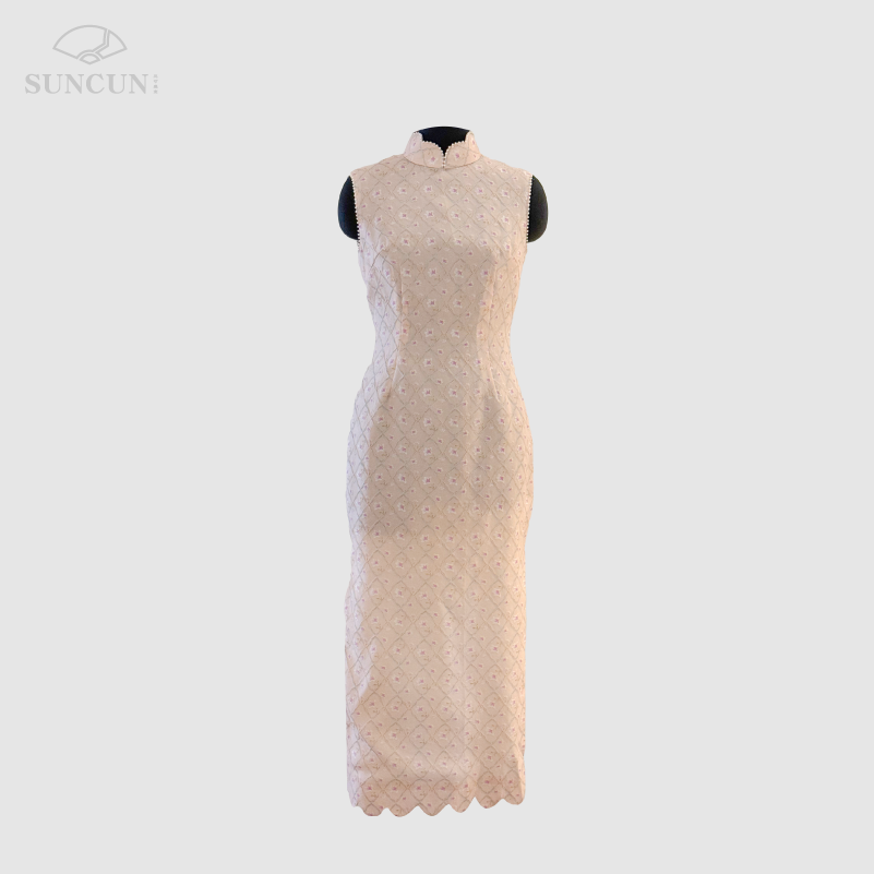 三寸盛京中国风浅粉色菱格提花披肩旗袍