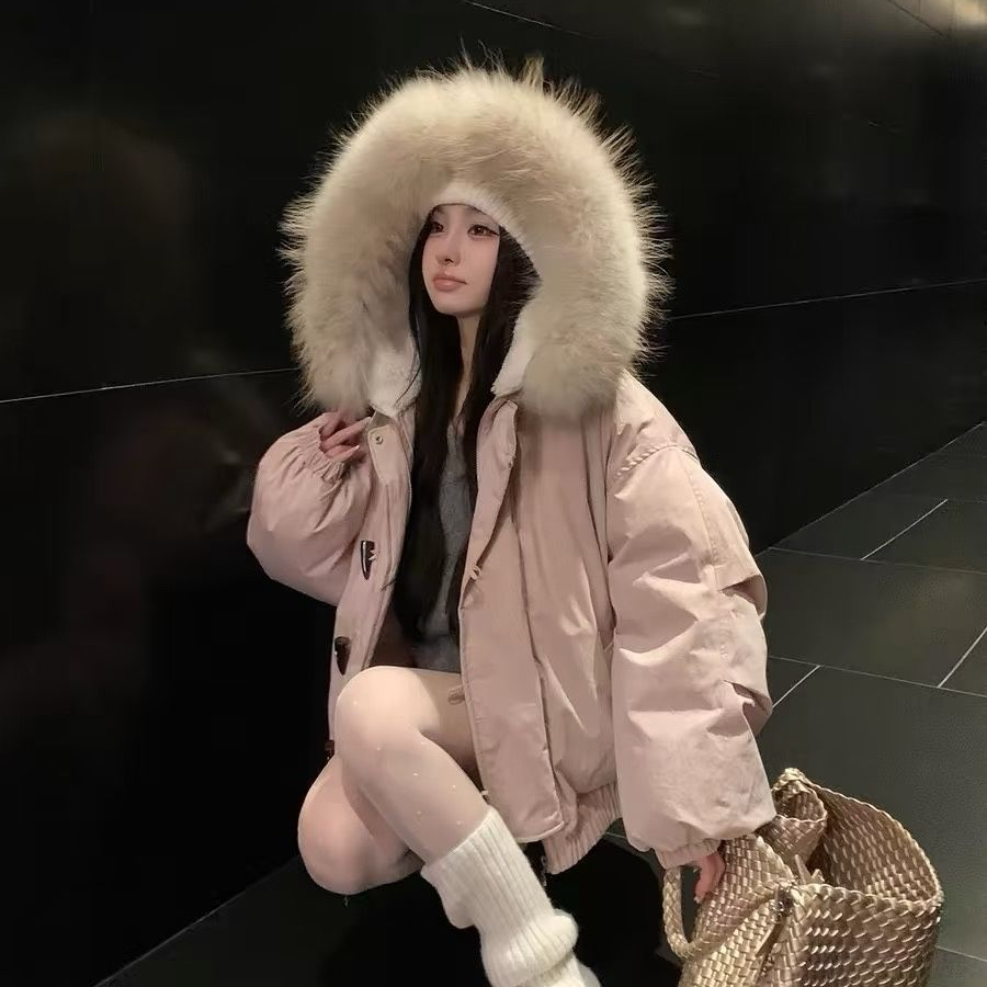 韩系棉服女大毛领派克服2025冬季新款加厚棉衣保暖牛角扣棉袄外套