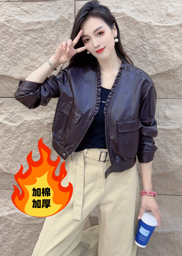 【加棉加厚】秋冬新款百搭女士V领水洗皮皮衣宽松休闲短款皮衣外套