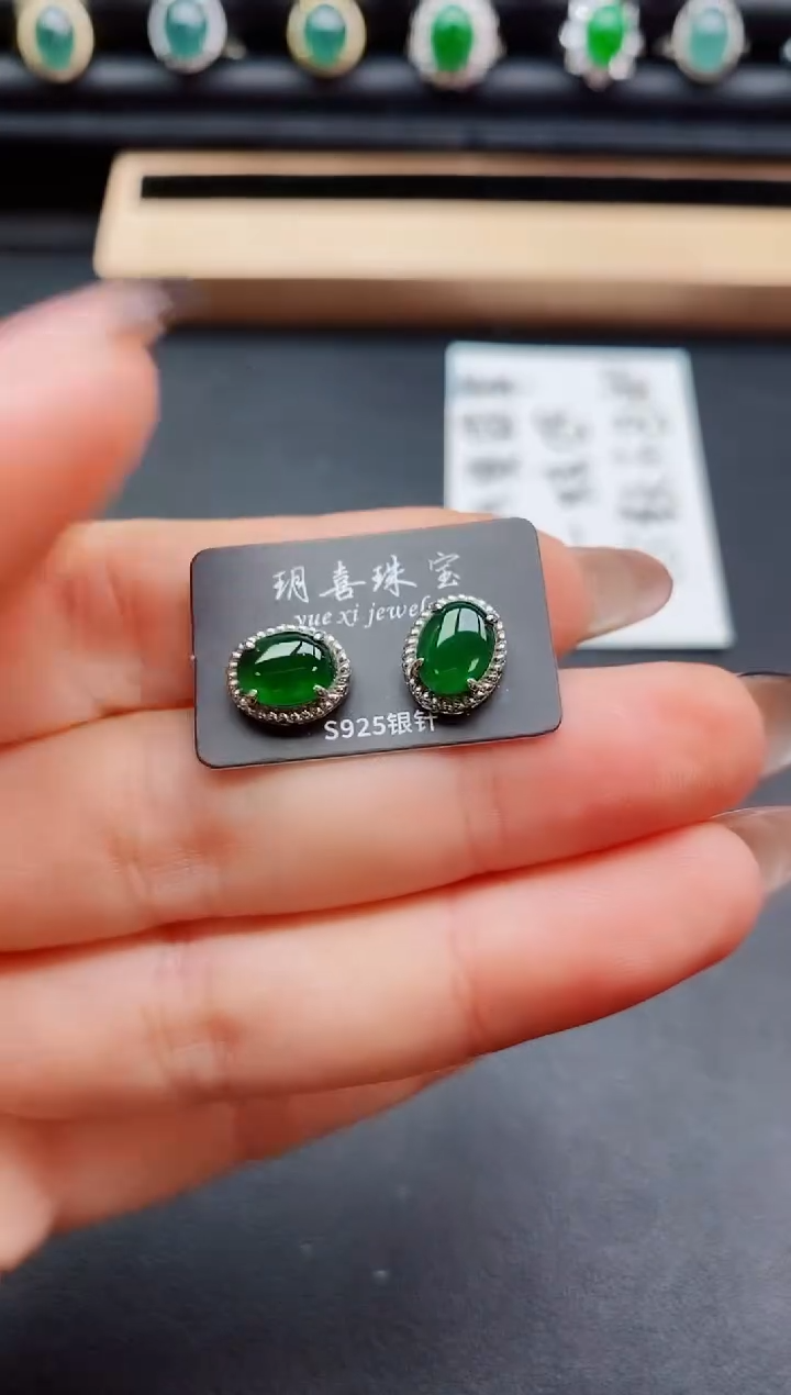 翡翠银S925镶嵌耳饰508500