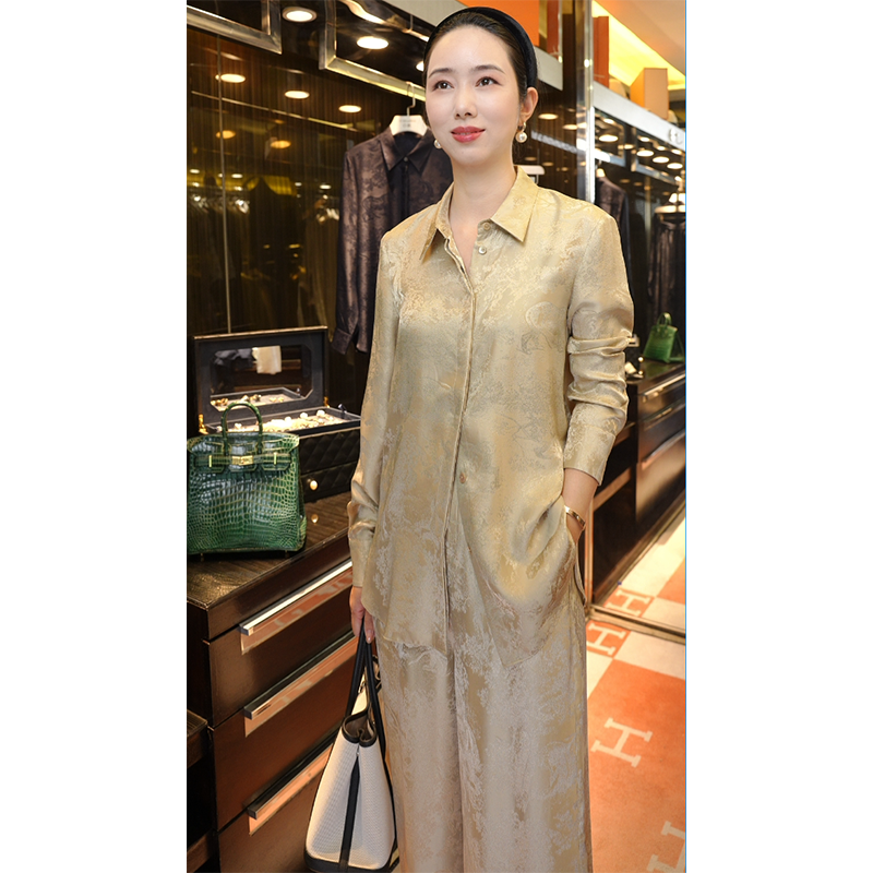 【丛林系列】提花轻奢桑蚕丝套装长袖衬衣+阔腿裤 小众女装