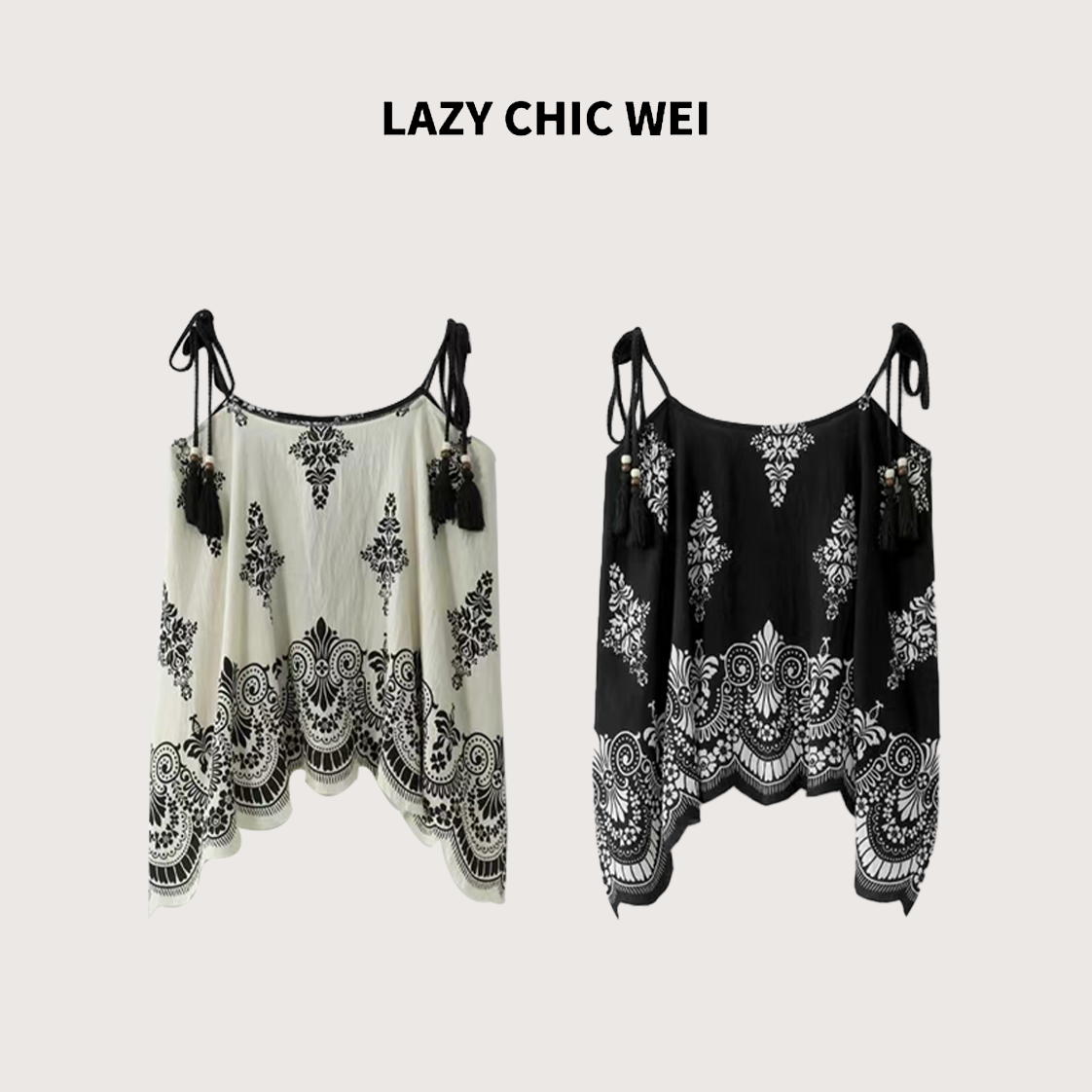 LAZY CHIC WEI棉混纺复古民族风撞色印花设计绑带背心25SSW1315