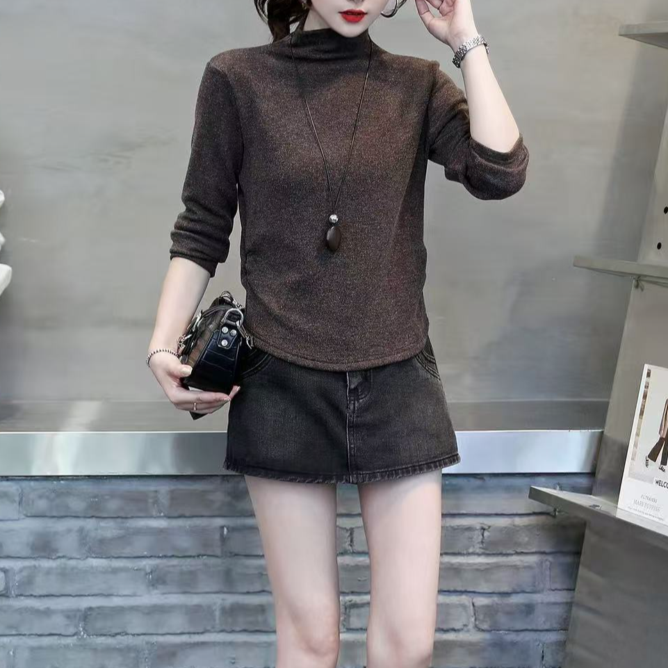 秋冬新款时尚气质加绒加厚打底衫褶皱长袖T恤显瘦女上衣5850长52