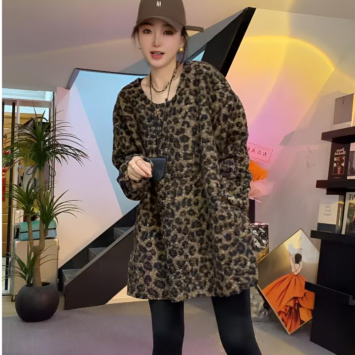 【小二姐家】休闲宽松中长款豹纹洋气毛毛U领大衫