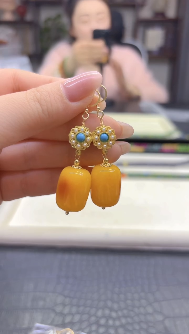 蜜蜡14K金镶嵌耳饰DIY款E521