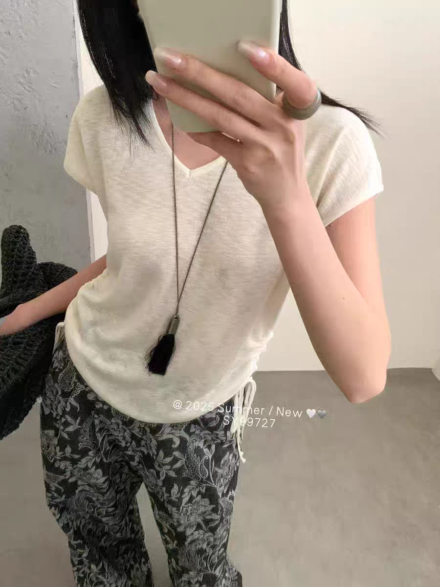 【丽鑫】9972韩系后领扣V领抽绳短袖