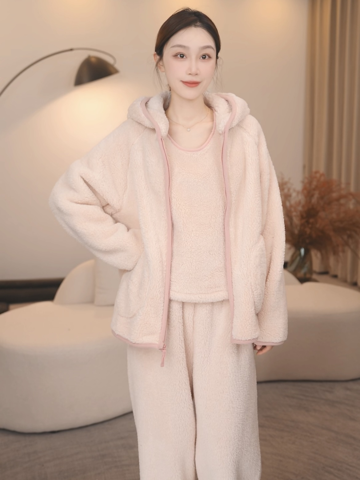 【软绒粉晴三件套】秋冬长袖冬季高级女士睡衣家居服套装可外穿