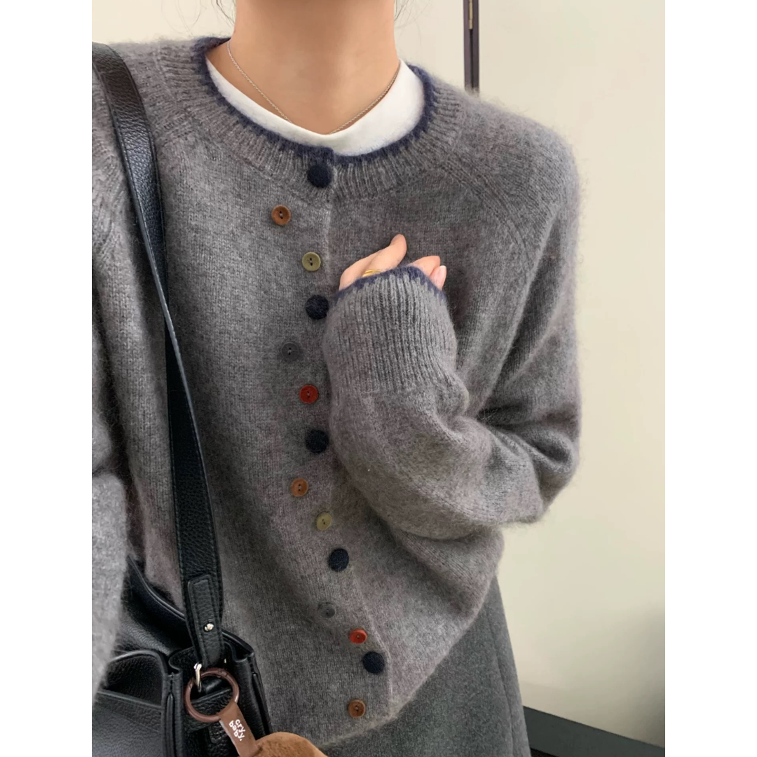 3584【彩色多扣拼色边开衫】秋季新款宽松毛衣外穿女士气质上衣