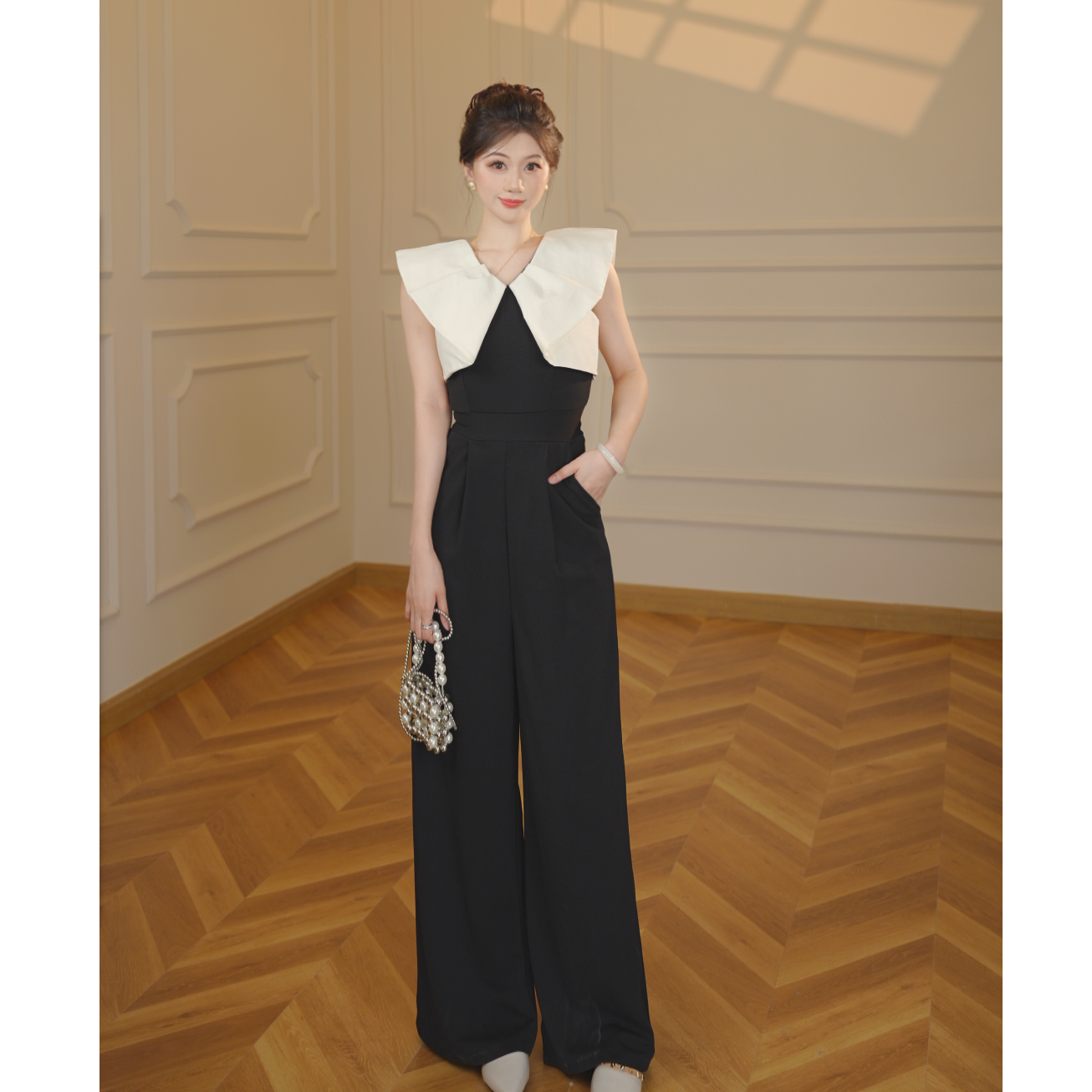 XH【张小小】黑色撞色高腰显瘦阔腿连体裤气质轻奢夏季连衣裤D2098