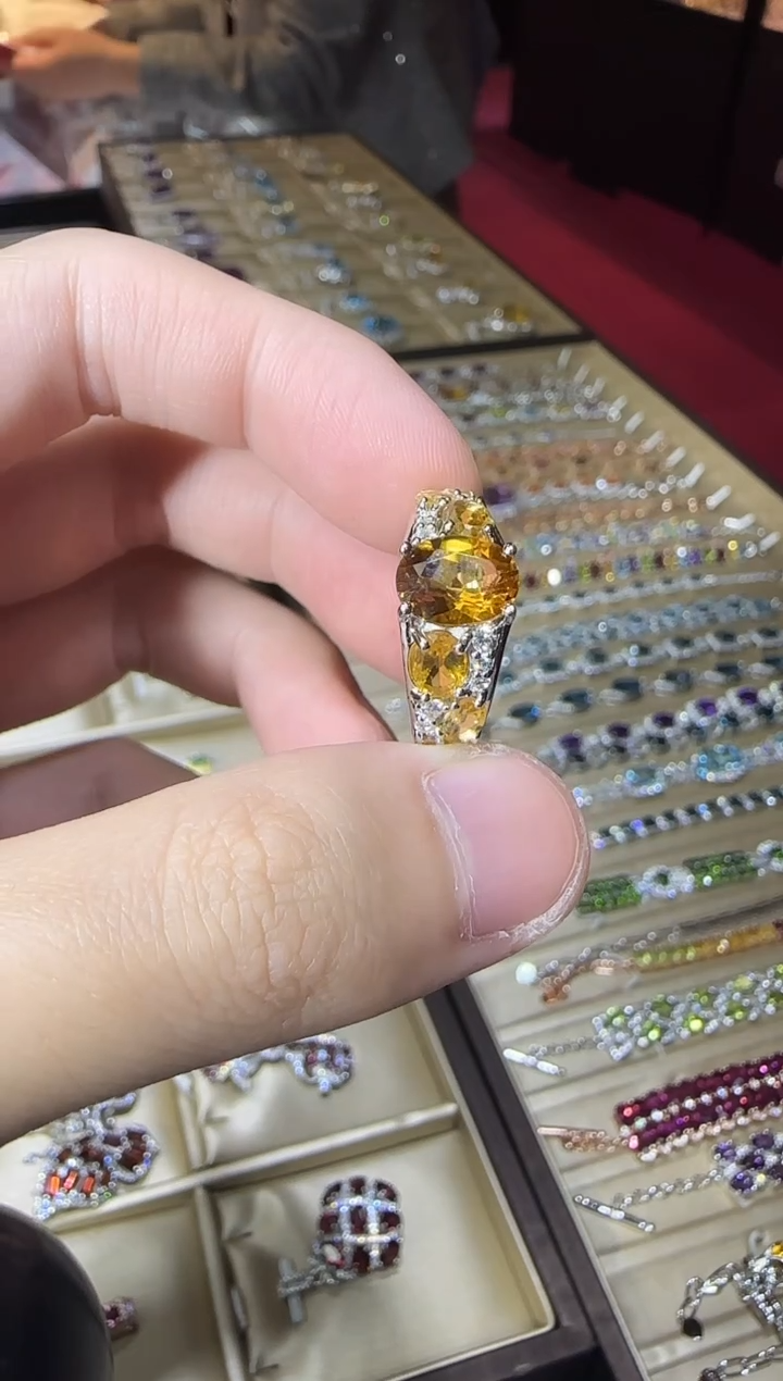 银S925镶嵌戒指黄晶排戒9*7mm