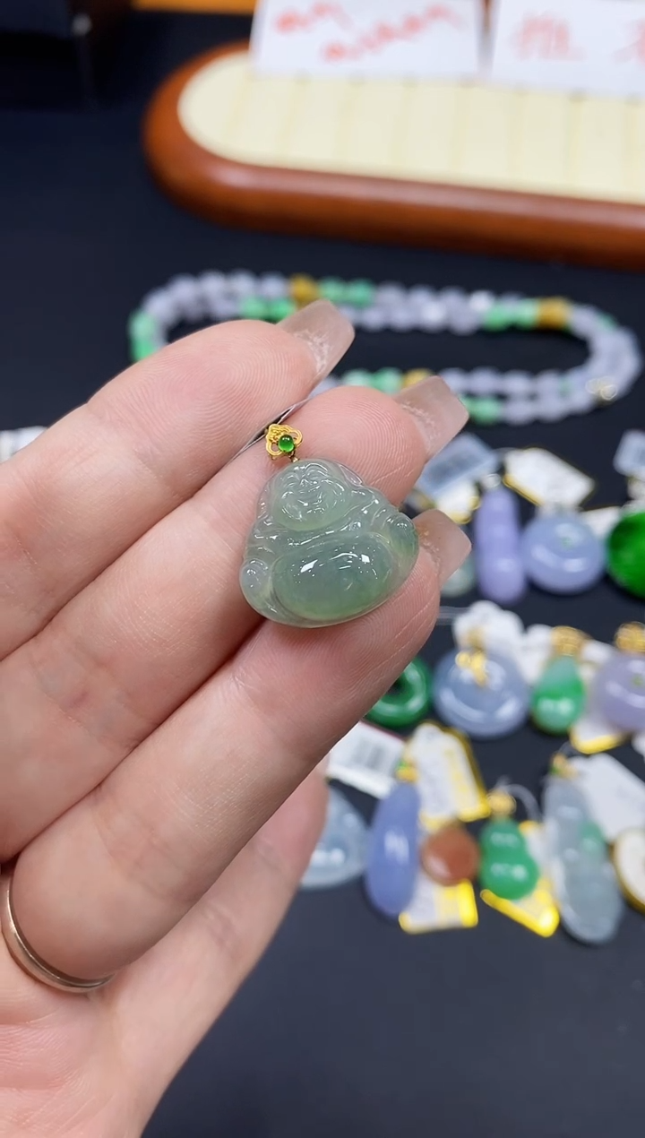 吊坠(不含链)18K金镶嵌翡翠佛公18K金扣镶嵌@@CMT