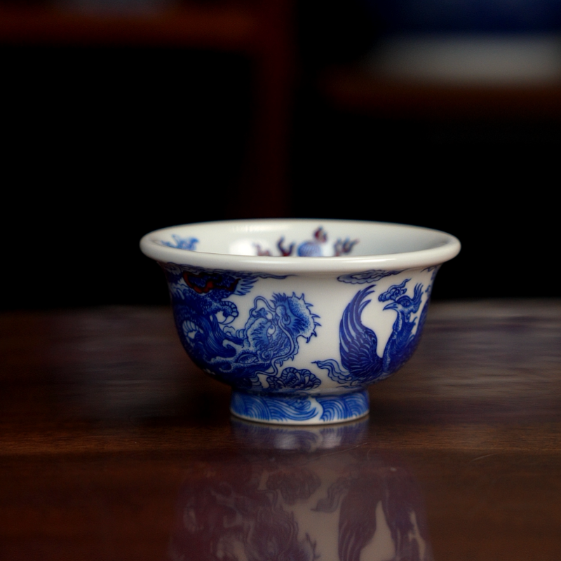 自成堂柴窑龙凤压手杯景德镇青花陶瓷杯喝茶主人杯品茗杯单杯收藏