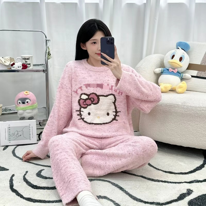 粉色KT猫半边绒睡衣女冬季家居服加厚加绒冬款2025新款可外穿套装