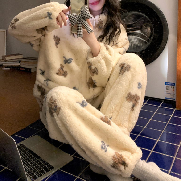 韩系睡衣松紧毛绒宽松保暖睡衣女士长袖女家居服家居服套装HL089