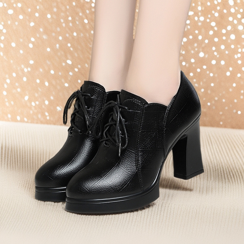 黑色系带工作鞋防水台厚底高跟鞋中年女士皮鞋妈妈鞋新款深口单鞋