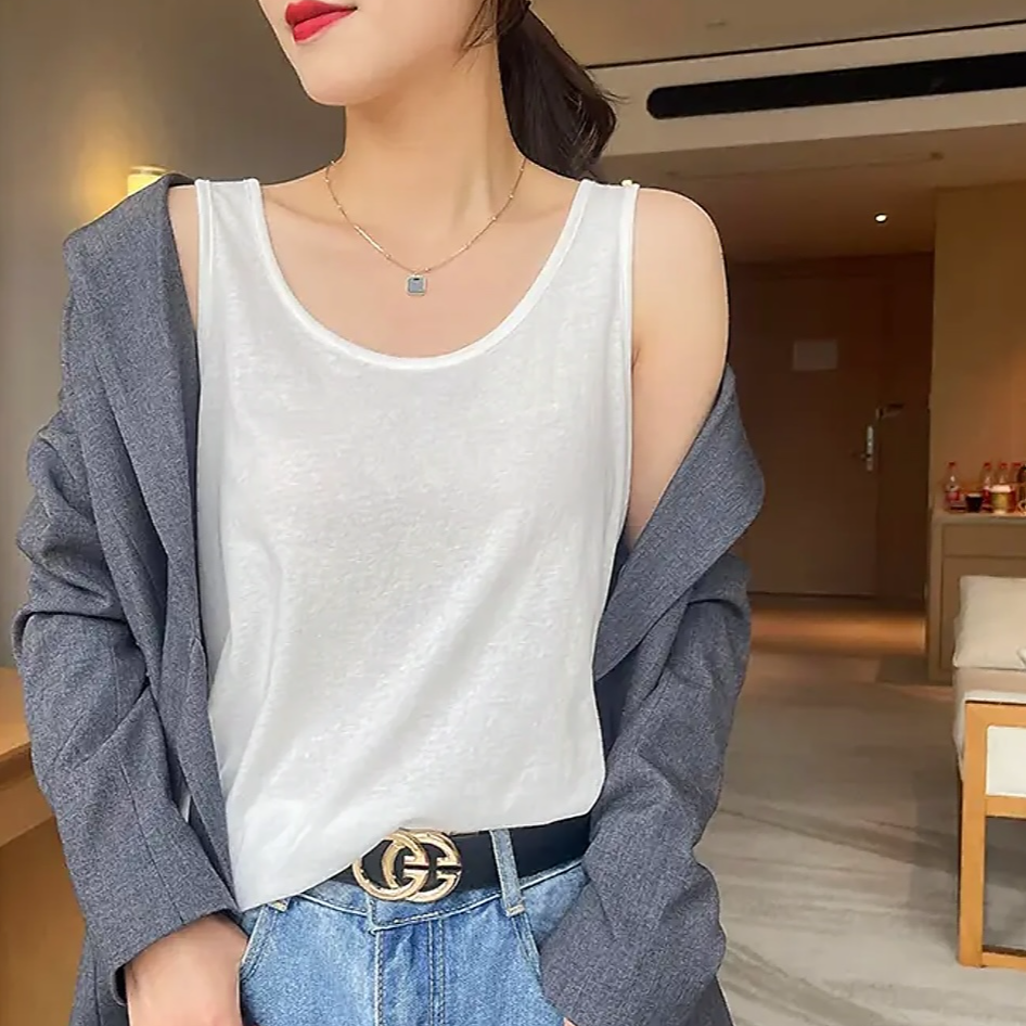 女士夏季极简风通勤吊带大码纯色修身背心薄款白色百搭背心A302