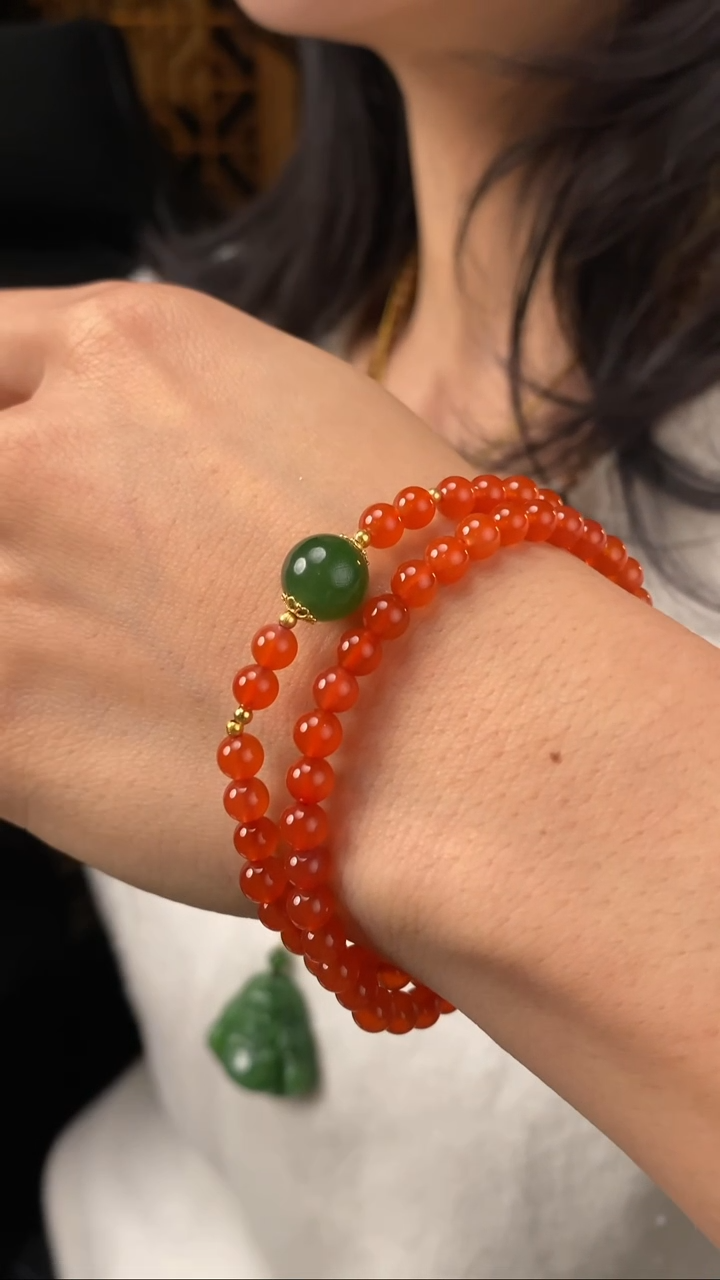 【闪购商品】南红玛瑙双圈手串18K金镶嵌【玉道侠侣】