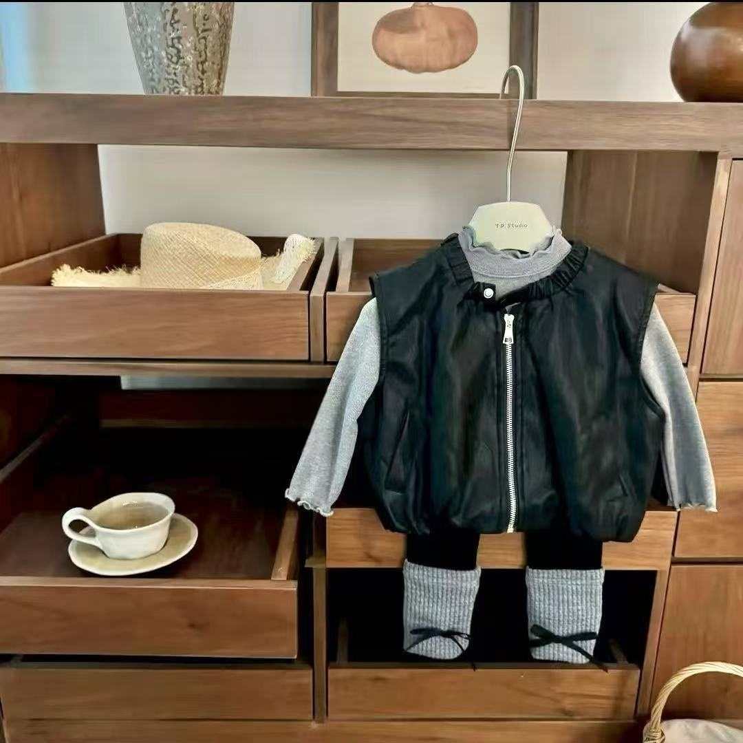 女童套装2025秋季新品时髦软皮马甲洋气拼接蝴蝶结打底裤三件套